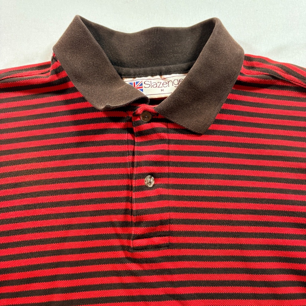 Slazenger Polo Shirt Mens Medium Red Brown Striped Cotton Pique Short Sleeve Top